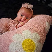 Willow is registered to the contest to win money with this photo: baby, infant, child, pink, dress, tutu, hair_bow, blanket, pillow, portrait, lying_down, indoors, cozy, cute, smiling, face, eyes, hand, soft_texture, pink_and_white