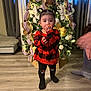 toddler, child, christmas_tree, holiday_decorations, red_dress, black_tights, indoor, flooring, curtains, chair, snack, pigtails, smiling, person, family, festive, cozy, lighting, home, cute