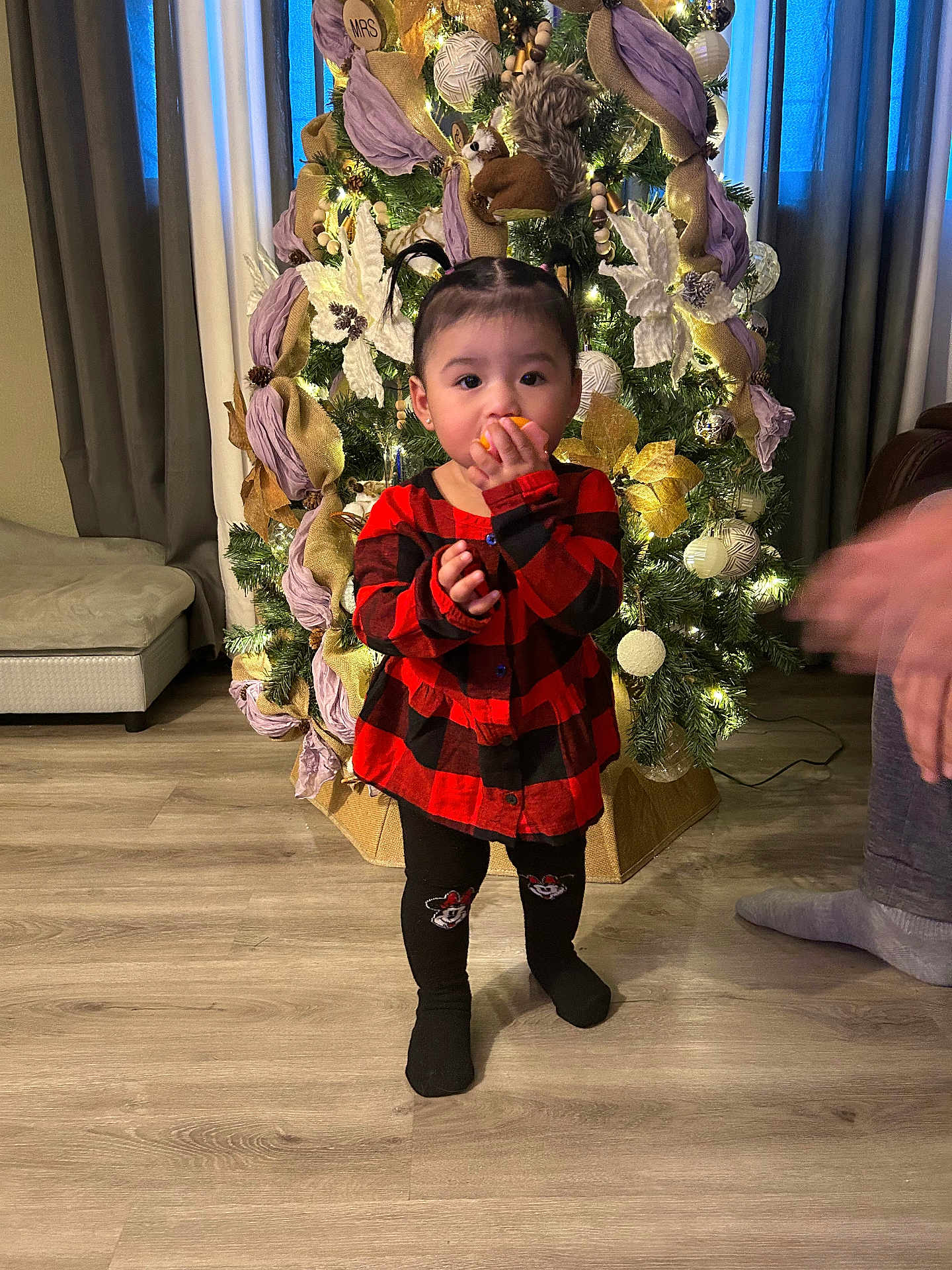 Naomi joined the competition — help win amazing prizes! toddler, child, christmas_tree, holiday_decorations, red_dress, black_tights, indoor, flooring, curtains, chair, snack, pigtails, smiling, person, family, festive, cozy, lighting, home, cute