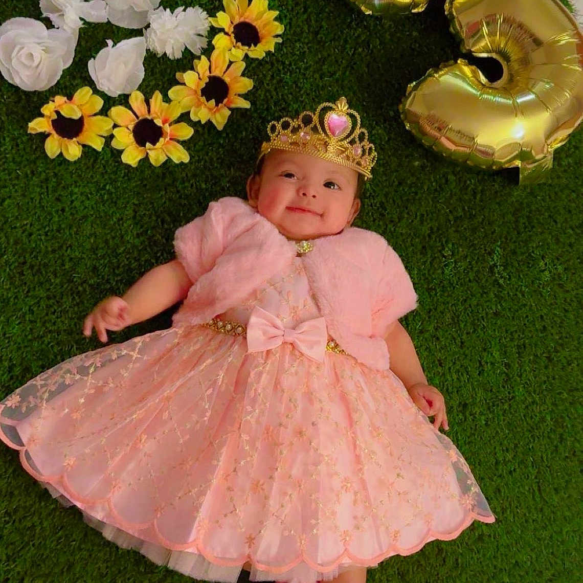 Alana joined the competition — help win amazing prizes! accessories, baby, clothing, costume, crown, dress, face, flower, grass, hat, head, jewelry, number, person, petal, photography, plant, portrait, symbol, text