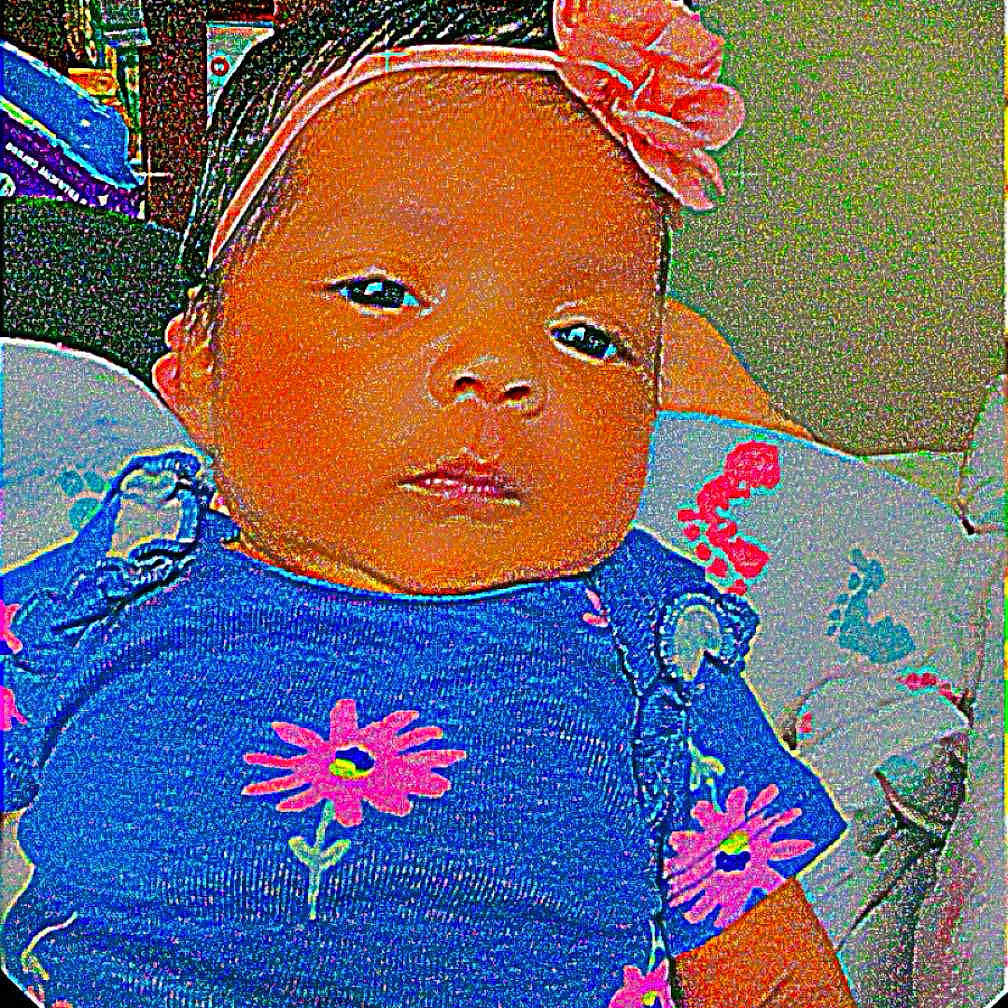 Danessica is registered to the contest to win money with this photo: baby, blue_dress, butterfly_sticker, calm_expression, child, closeup, cute, decorative, face, floral_pattern, flower, furniture, headband, indoor, infant, person, pink_flower, portrait, wearing, young_child