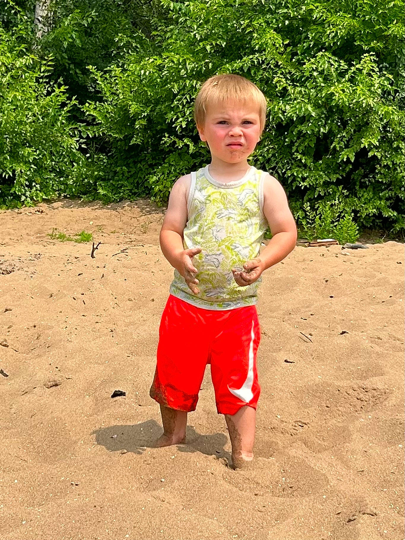 Bradley joined the competition — help win amazing prizes! baby_toddler_clothing, barefoot, child, fun, gesture, grass, happy, landscape, leisure, people_in_nature, person, plant, play, sand, sleeve, soil, sorrow, t_shirt, toddler, tree