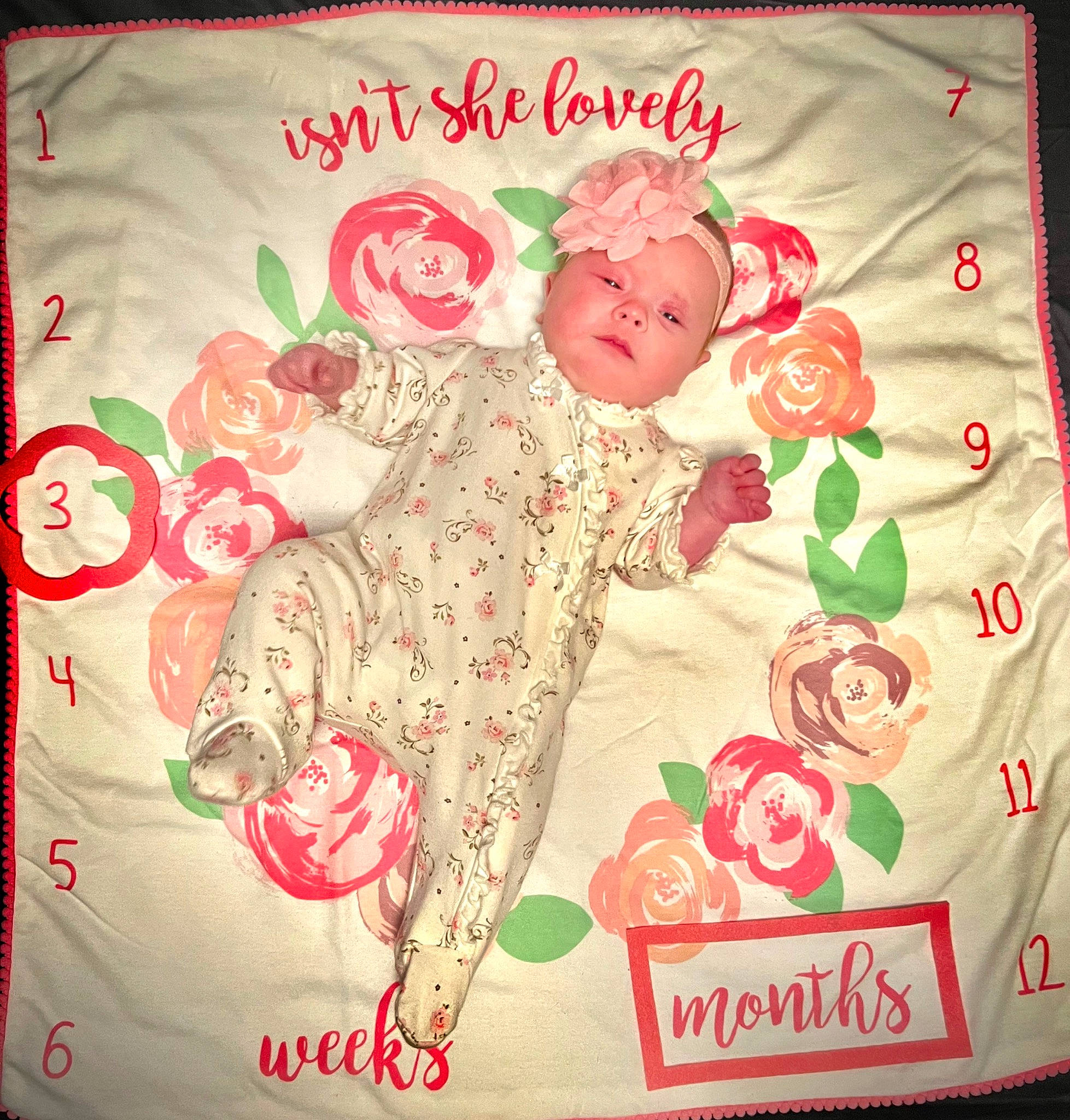 Raelynn is registered to the contest to win money with this photo: art, baby, baby_toddler_clothing, event, floral_design, font, happy, headwear, linens, magenta, paper, pattern, peach, person, petal, pink, plant, rectangle, red, sleeve