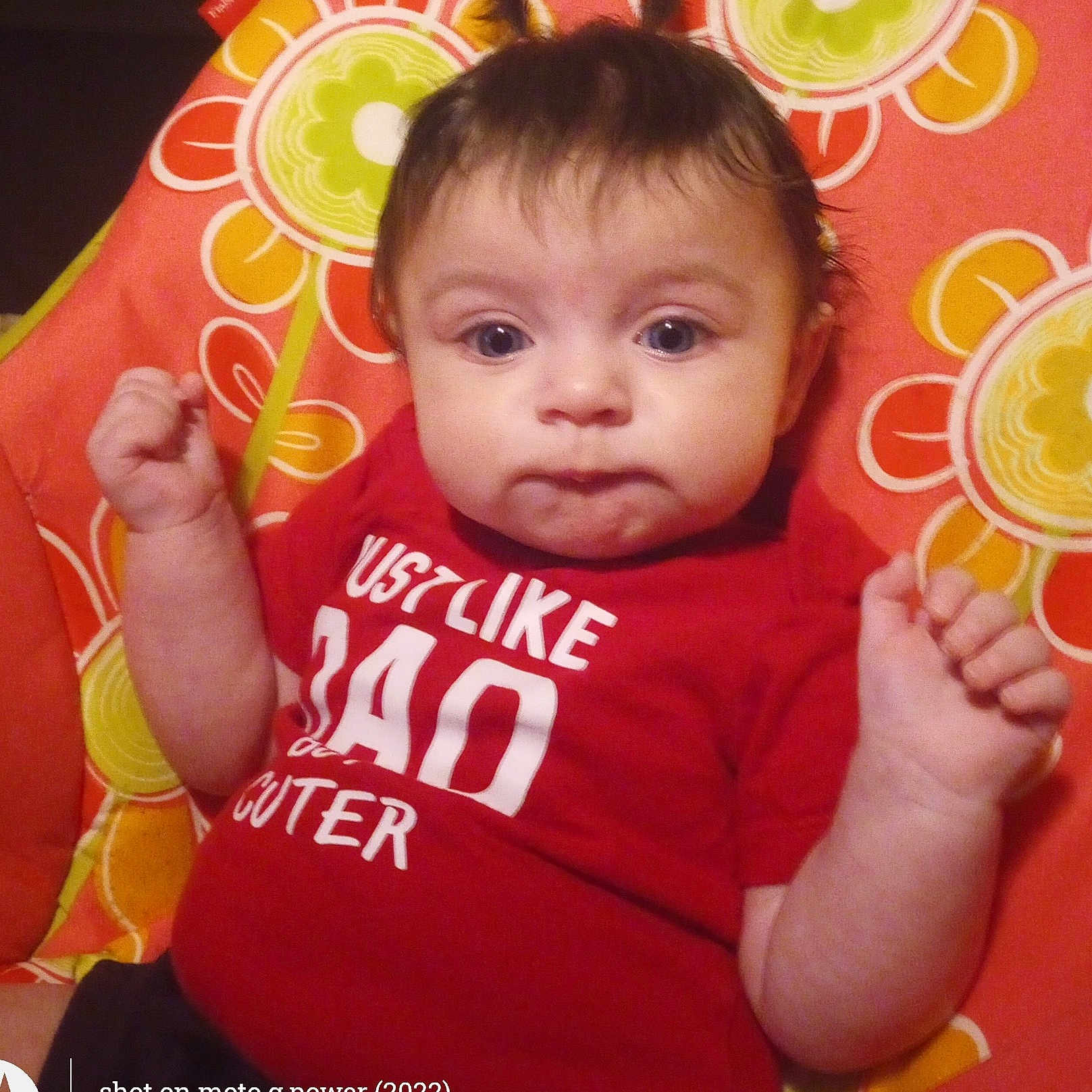 Tristan is registered to the contest to win money with this photo: baby, blanket, bodypart, clothing, couch, cushion, face, finger, frown, furniture, hand, head, homedecor, newborn, pattern, person, photography, portrait, sad, t_shirt