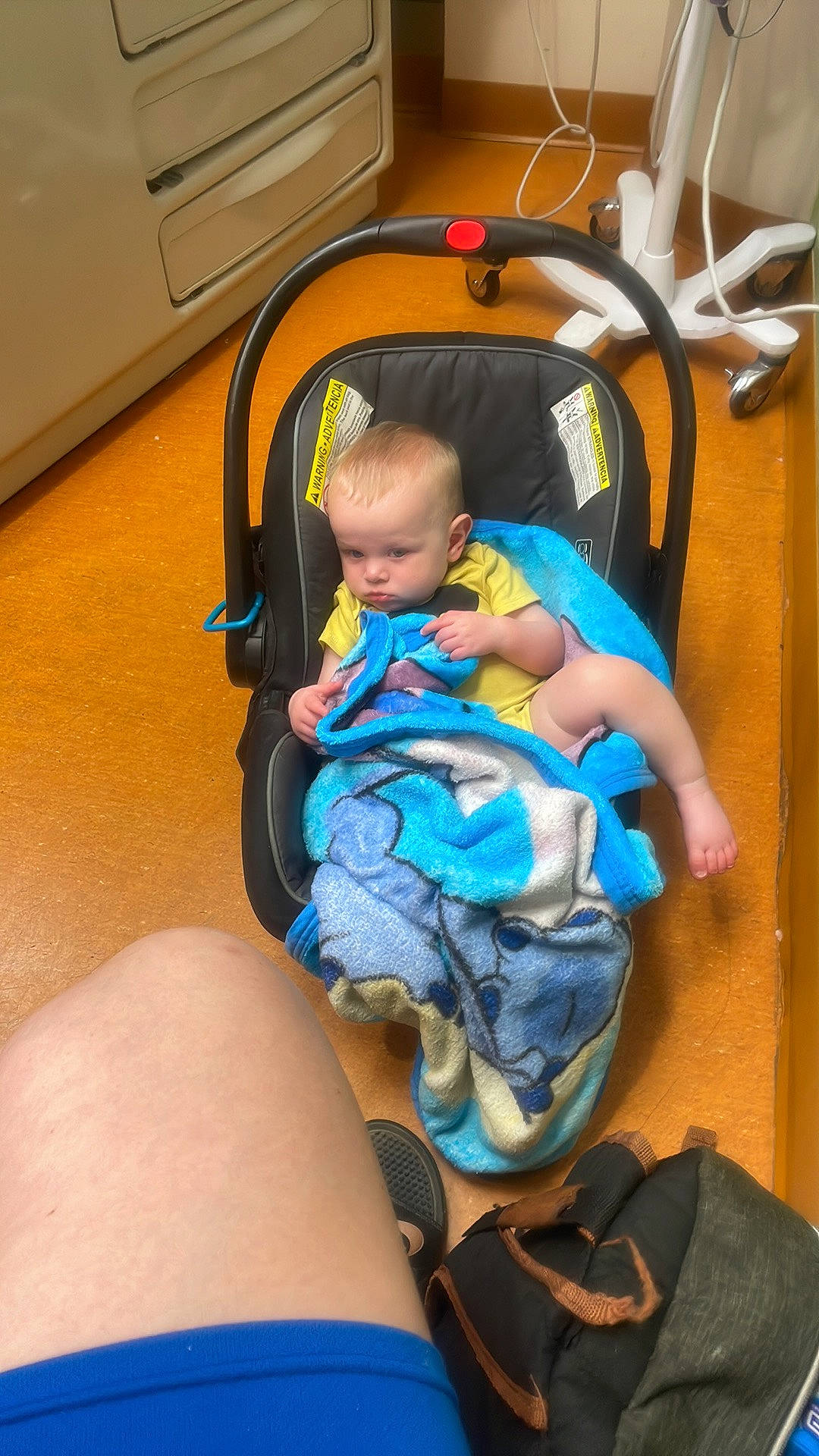 Mason joined the competition — help win amazing prizes! baby, baby_carriage, baby_in_car_seat, baby_products, baby_safety, blue, child, comfort, finger, health_care, human_body, human_leg, knee, lap, medical_equipment, person, service, skin, thigh, thumb