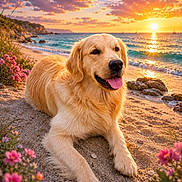 Azur participe au concours pour gagner de l'argent avec cette photo : golden_retriever, dog, beach, sunset, ocean, sand, flowers, waves, nature, outdoor, pet, animal, relaxing, happy, tongue_out, coastline, sky, clouds, rocks, scenic
