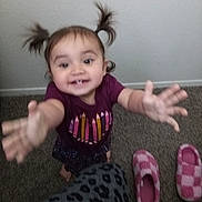 Jenesis joined the competition — help win amazing prizes! baby, carpet, child, clothing, face, floor, hair, hands, happy, home, indoor, pigtails, pink_shoes, playful, portrait, reaching, shirt, slippers, smiling, toddler