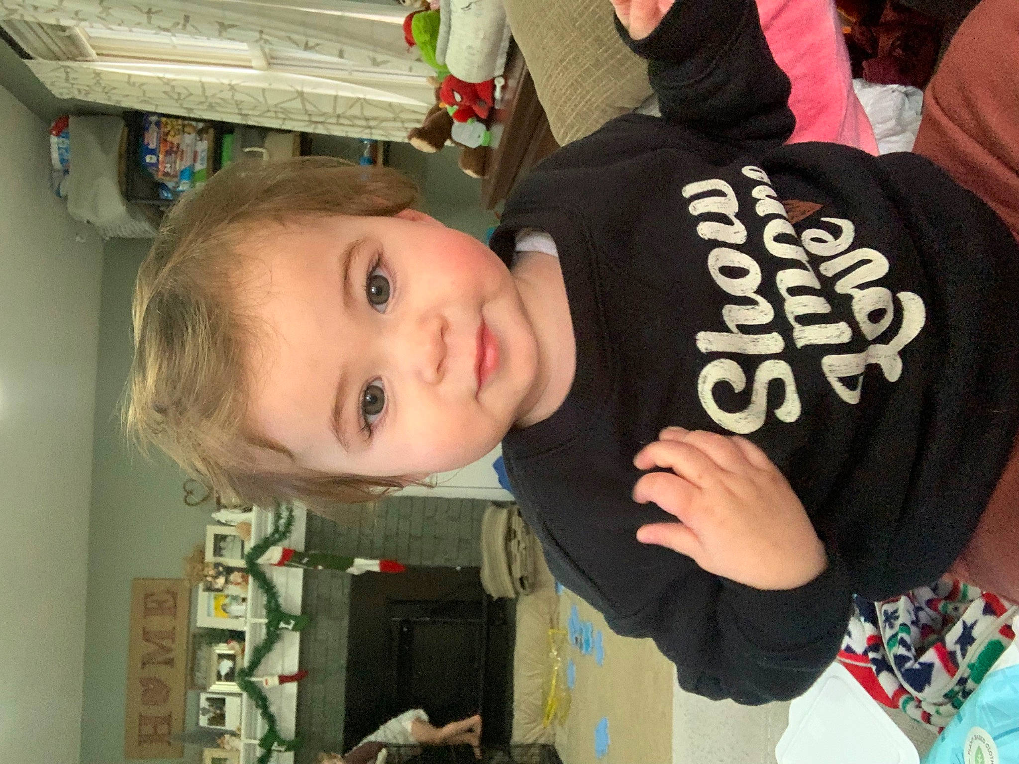 Lainey joined the competition — help win amazing prizes! baby, box, cheek, child, fun, happy, hat, person, room, shipping_box, sleeve, smile, t_shirt, toddler