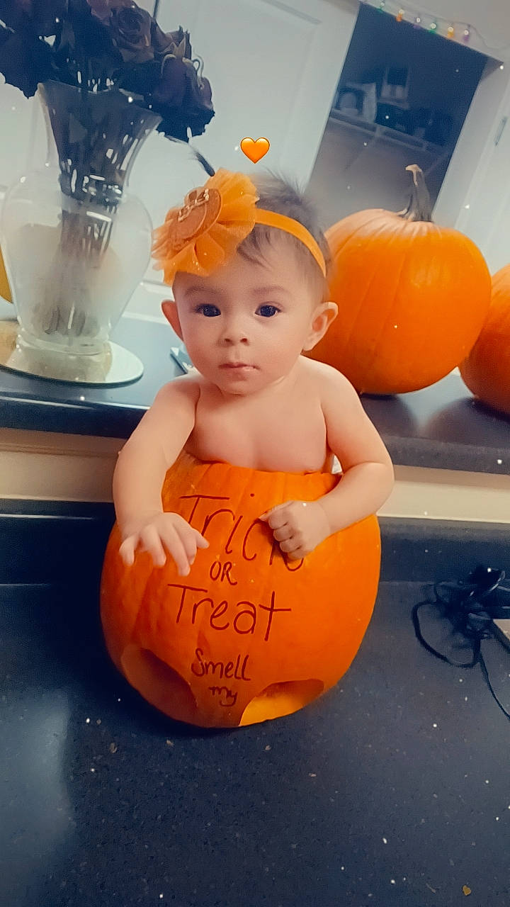 Mylah joined the competition — help win amazing prizes! art, calabaza, child, cucurbita, drinkware, flooring, gourd, happy, headwear, jack_o_lantern, natural_foods, orange, person, pitcher, plant, pumpkin, serveware, squash, toddler, vegetable