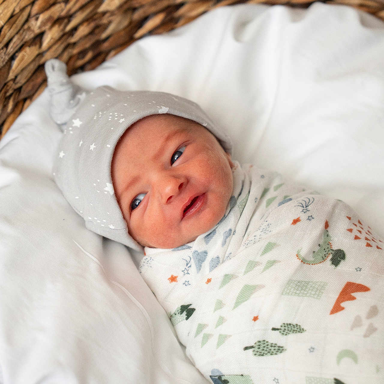 Nolan is registered to the contest to win money with this photo: baby, baby_boy, basket, blanket, child, closeup, cozy, cute, hat, headwear, indoor, infant, newborn, patterned_cloth, person, portrait, resting, sleeping, soft, swaddle