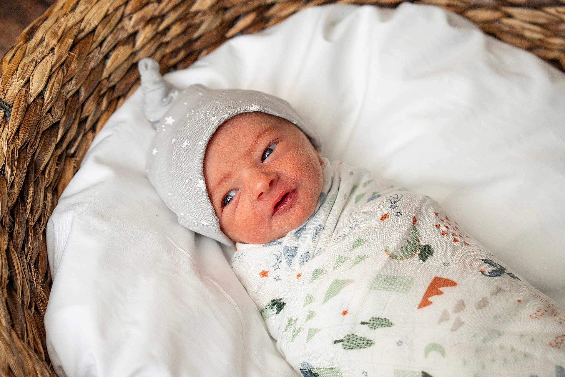 Nolan is registered to the contest to win money with this photo: newborn, baby, swaddle, hat, basket, blanket, sleeping, infant, cute, cozy, patterned_cloth, resting, soft, indoor, portrait, headwear, closeup, child, person, baby_boy