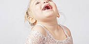 Lorena participe au concours pour gagner de l'argent avec cette photo : child, girl, laughing, happy, smiling, lace, dress, floral, clothing, portrait, studio, white_background, cute, joyful, blond, person, toddler, emotion, fashion, innocence