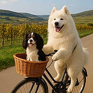 Odin a rejoint le concours — aidez-le/la à gagner de superbes lots ! dogs, white_dog, spaniel, bicycle, basket, vineyard, countryside, outdoor, landscape, hills, road, sunny, blue_sky, clouds, fluffy_fur, happy, open_mouth, pet, cycling, adventure