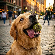 Creachaos a rejoint le concours — aidez-le/la à gagner de superbes lots ! dog, golden_retriever, tennis_ball, drooling, cobblestone_street, city, urban, pet, tongue_out, happy, close_up, portrait, playful, bokeh, collar, pedestrians, sunset_light, pavement, outdoor, smile