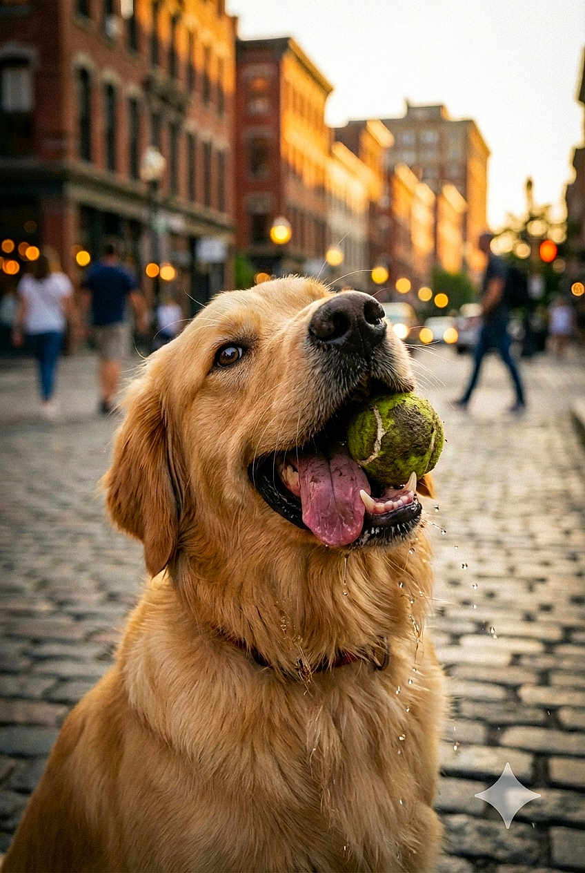 Creachaos a rejoint le concours — aidez-le/la à gagner de superbes lots ! dog, golden_retriever, tennis_ball, drooling, cobblestone_street, city, urban, pet, tongue_out, happy, close_up, portrait, playful, bokeh, collar, pedestrians, sunset_light, pavement, outdoor, smile