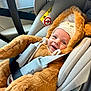 baby, child, car_seat, car_interior, fuzzy_costume, bear_suit, knitted_hat, smiling, seatbelt, safety, cute, infant, cozy, happy, portrait, clothing, child_safety, baby_face, seat, car