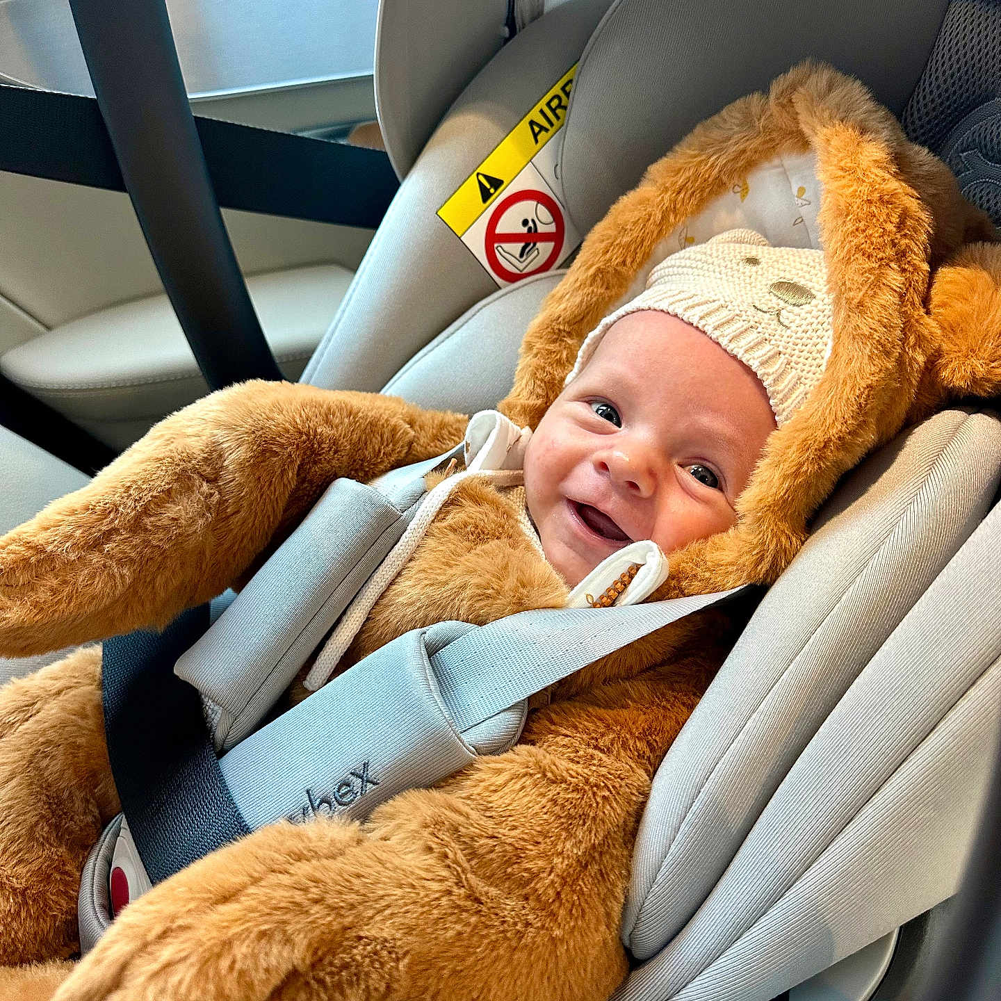Iair a rejoint le concours — aidez-le/la à gagner de superbes lots ! baby, baby_face, bear_suit, car, car_interior, car_seat, child, child_safety, clothing, cozy, cute, fuzzy_costume, happy, infant, knitted_hat, portrait, safety, seat, seatbelt, smiling
