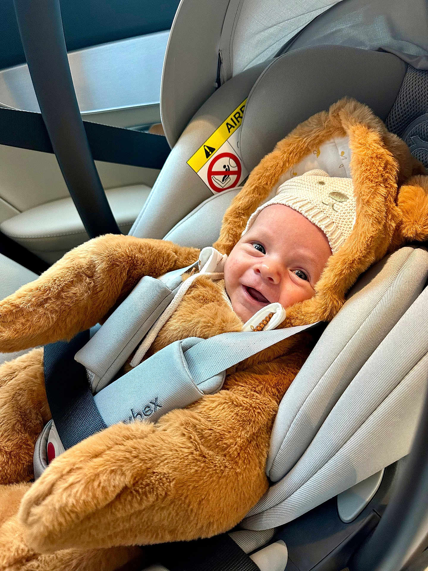 Iair a rejoint le concours — aidez-le/la à gagner de superbes lots ! baby, child, car_seat, car_interior, fuzzy_costume, bear_suit, knitted_hat, smiling, seatbelt, safety, cute, infant, cozy, happy, portrait, clothing, child_safety, baby_face, seat, car