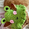 cat, orange_cat, crocheted_hat, green_hat, frog_hat, sleeping, resting, pet, animal, furry, whiskers, ear, soft_texture, blanket, cute, cozy, indoors, close_up, knitted, handmade