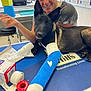dog, cast, bandage, veterinary_clinic, medical_supplies, woman, smiling, animal_care, pet, table, blue_cast, heart_symbol, injury, healing, happy_dog, indoor, clinic, human, affection, comfort