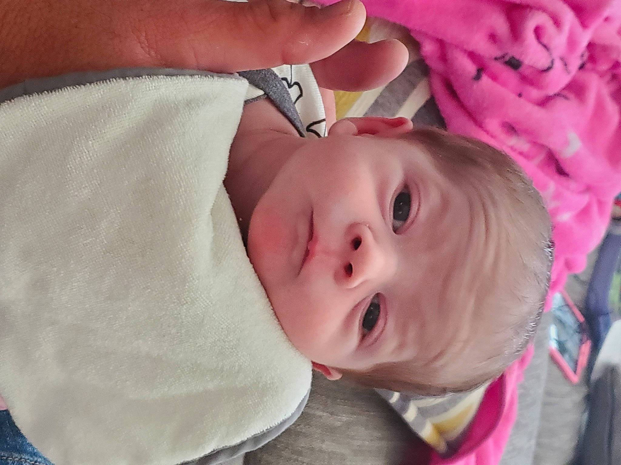 Clayton joined the competition — help win amazing prizes! baby, baby_toddler_clothing, cheek, chin, ear, eye, eyebrow, eyelash, facial_expression, gesture, happy, head, iris, lip, mouth, nose, person, pink, skin, smile