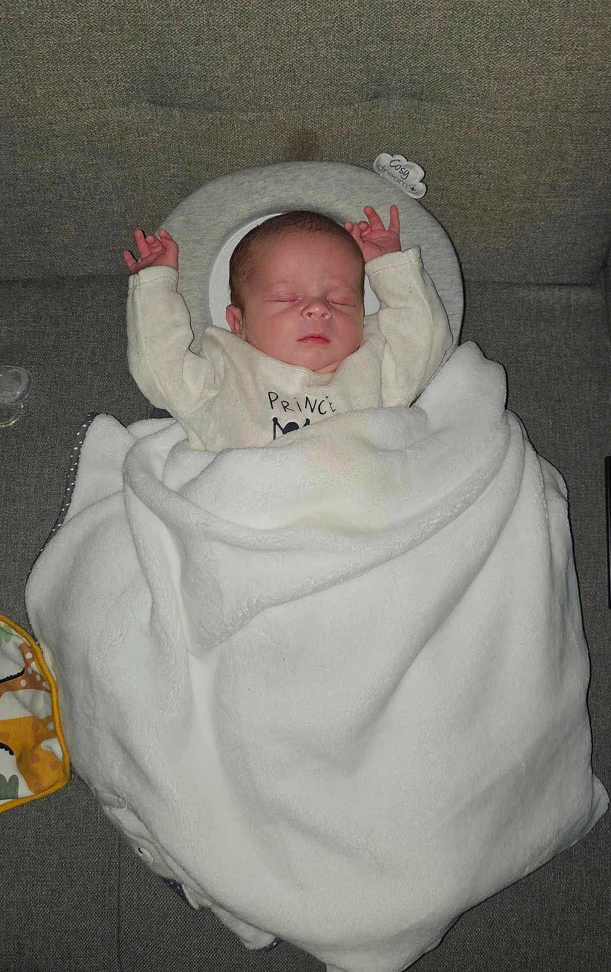Maëlan a rejoint le concours — aidez-le/la à gagner de superbes lots ! baby, newborn, blanket, sleeping, couch, pillow, infant, cozy, white, clothing, person, relaxing, indoors, peaceful, sleep, child, soft, cute, resting, small