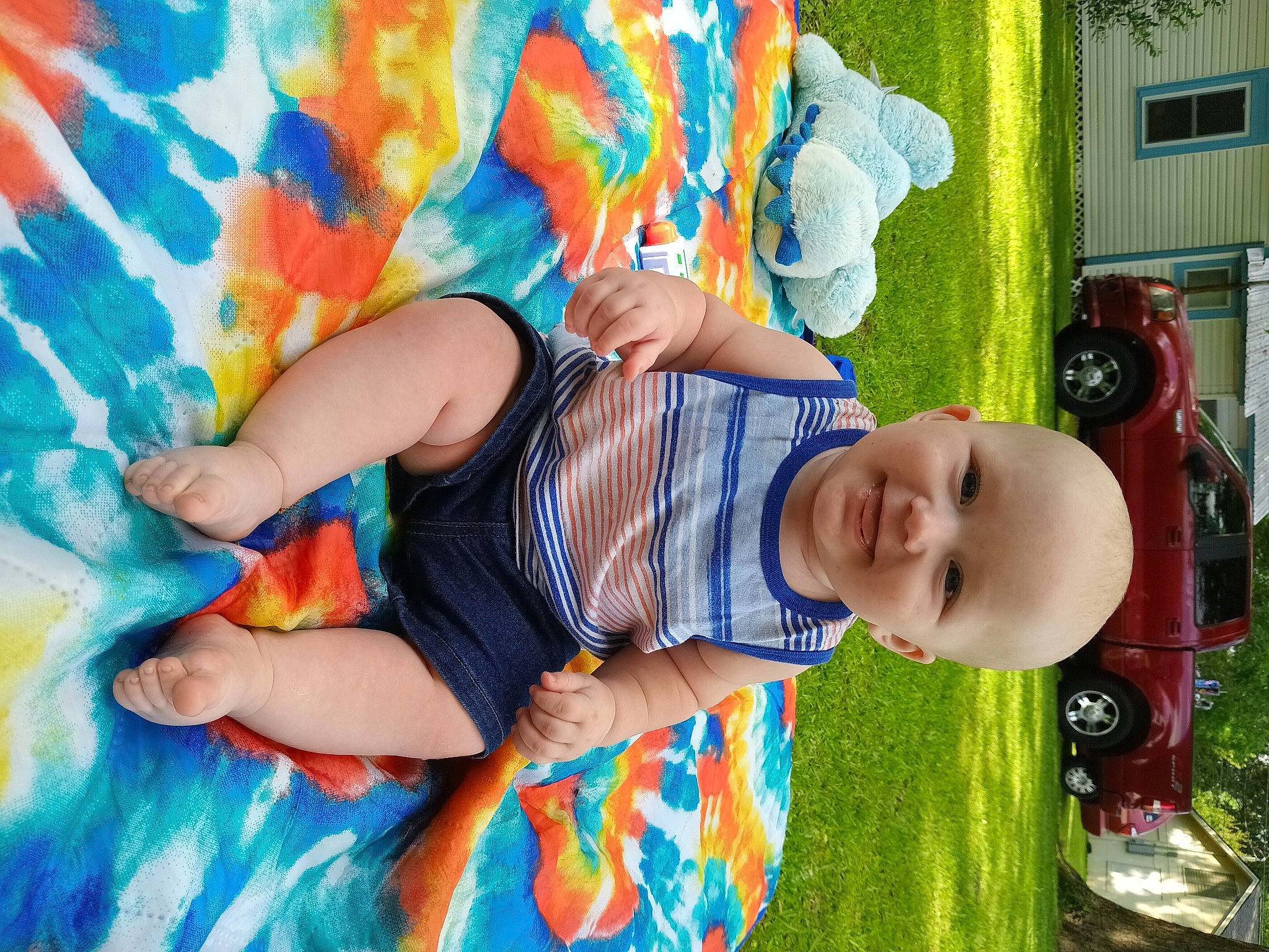 Justin is registered to the contest to win money with this photo: baby, baby_toddler_clothing, child, dress, fun, grass, happy, hat, joy, leaf, leisure, pattern, people_in_nature, person, plant, recreation, smile, summer, t_shirt, toddler