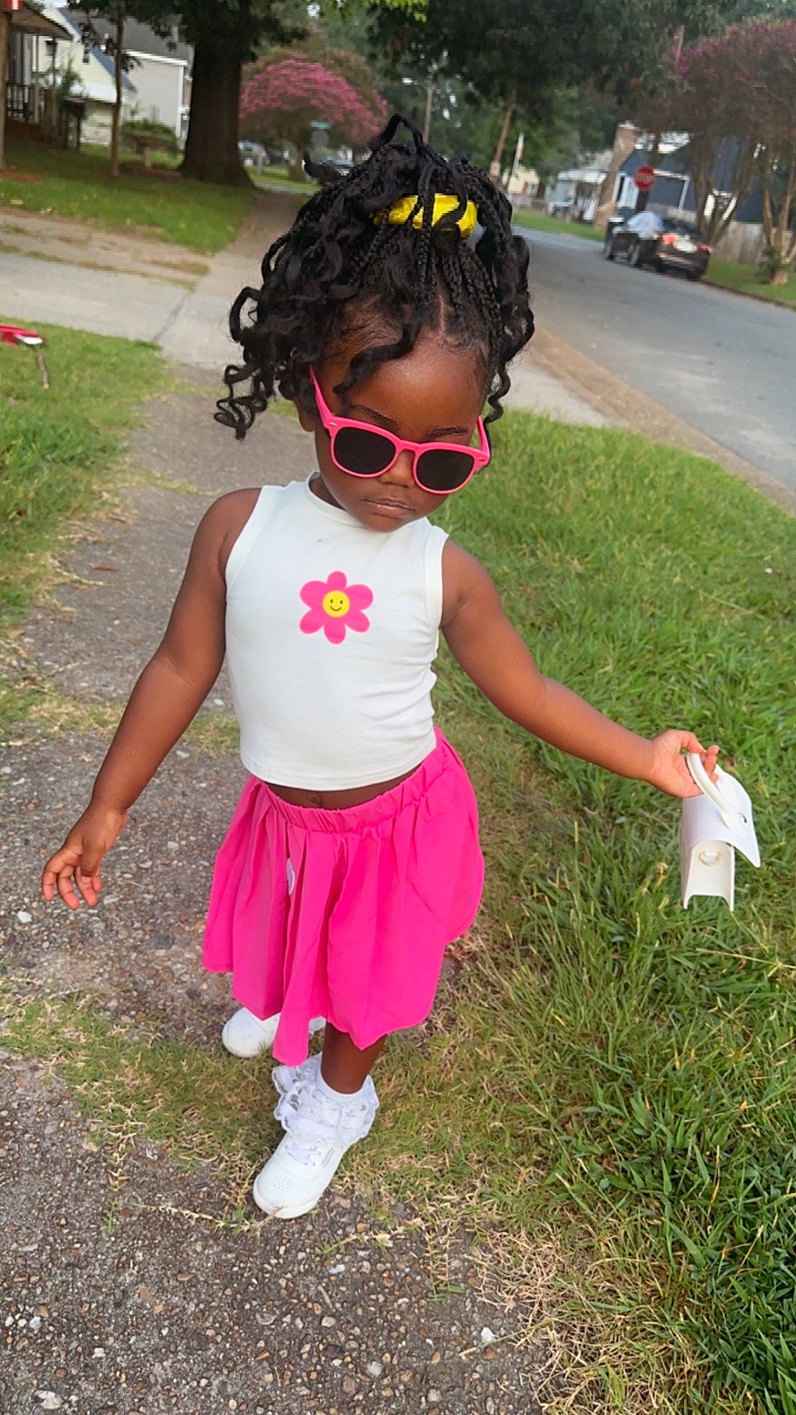 Charm joined the competition — help win amazing prizes! baby_toddler_clothing, child, eyewear, fun, glasses, goggles, grass, happy, leaf, leisure, magenta, person, pink, plant, recreation, summer, sunglasses, toddler, tree, trunk