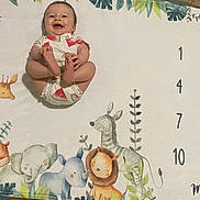 Luca is registered to the contest to win money with this photo: baby, infant, child, smiling, sitting, milestone_blanket, monthly_milestone, calendar, jungle_animals, giraffe, elephant, lion, zebra, colorful, indoor, portrait, playful, onesie, floor, photography