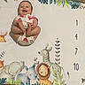 baby, infant, child, smiling, sitting, milestone_blanket, monthly_milestone, calendar, jungle_animals, giraffe, elephant, lion, zebra, colorful, indoor, portrait, playful, onesie, floor, photography