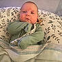 baby, infant, face, expression, blanket, cushion, pattern, leaf, green_clothing, sleeping_area, indoors, portrait, newborn, cute, soft_lighting, resting, child, person, wrapped, cozy