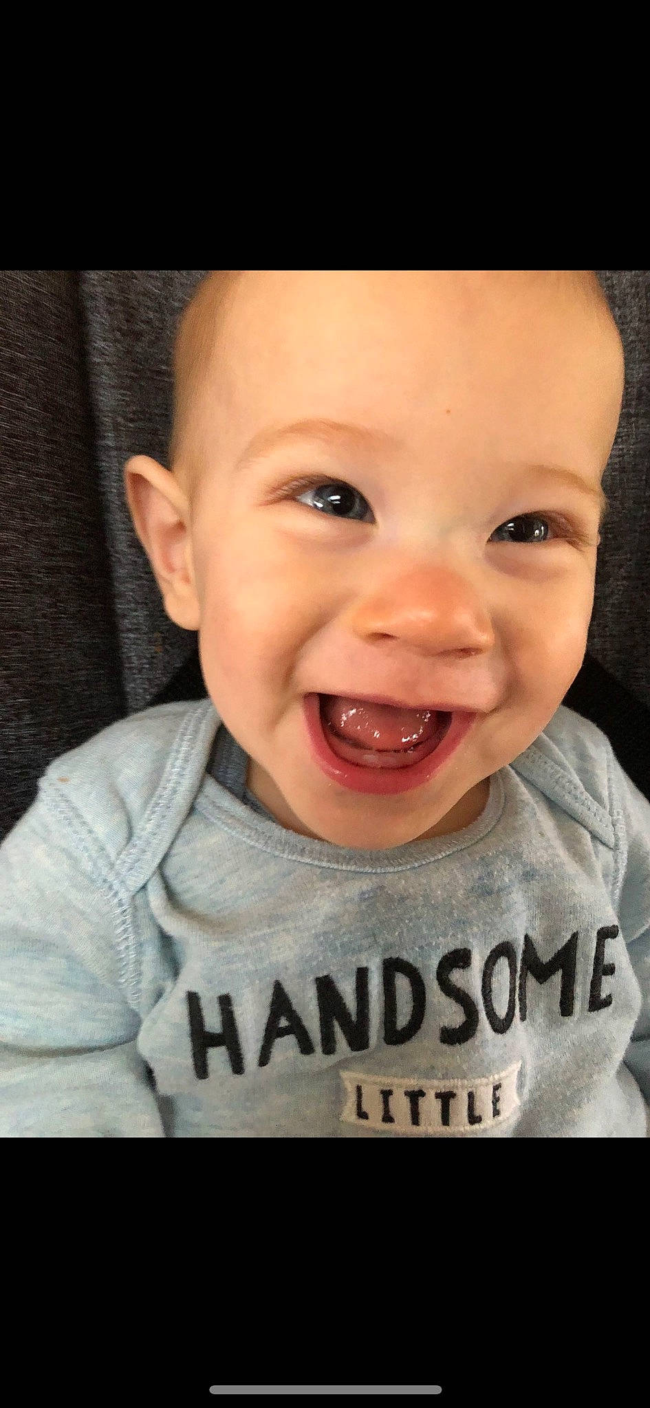 Freddy is registered to the contest to win money with this photo: baby, baby_laughing, cheek, chin, eyebrow, eyelash, forehead, gesture, happy, iris, jaw, joy, lip, mouth, nose, person, skin, sleeve, smile, toddler