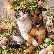 Era participe au concours pour gagner de l'argent avec cette photo : cat, dog, easter_eggs, green_bow, daisies, moss, basket, wreath, plush_bunny, rustic_background, animal_friendship, spring, cute, pet, flower, decor, pastel_colors, soft_lighting, nature, close_up