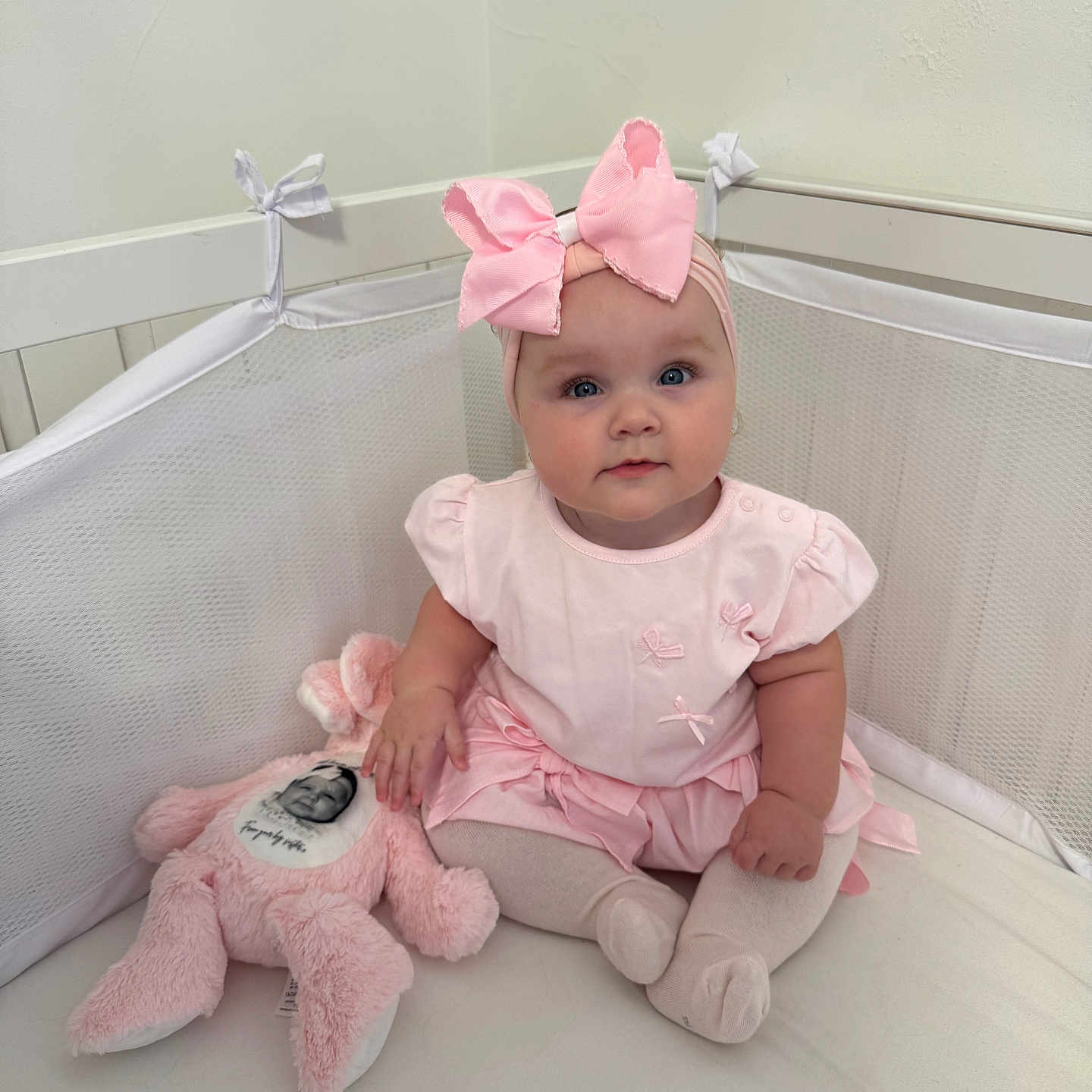 Dream is registered to the contest to win money with this photo: baby, bow, child, childhood, chubby_cheeks, comfort, crib, cute, headband, indoor, infant, mesh_bumper, pink_dress, playful, portrait, sitting, soft_toys, stuffed_toy, toddler, white_wall