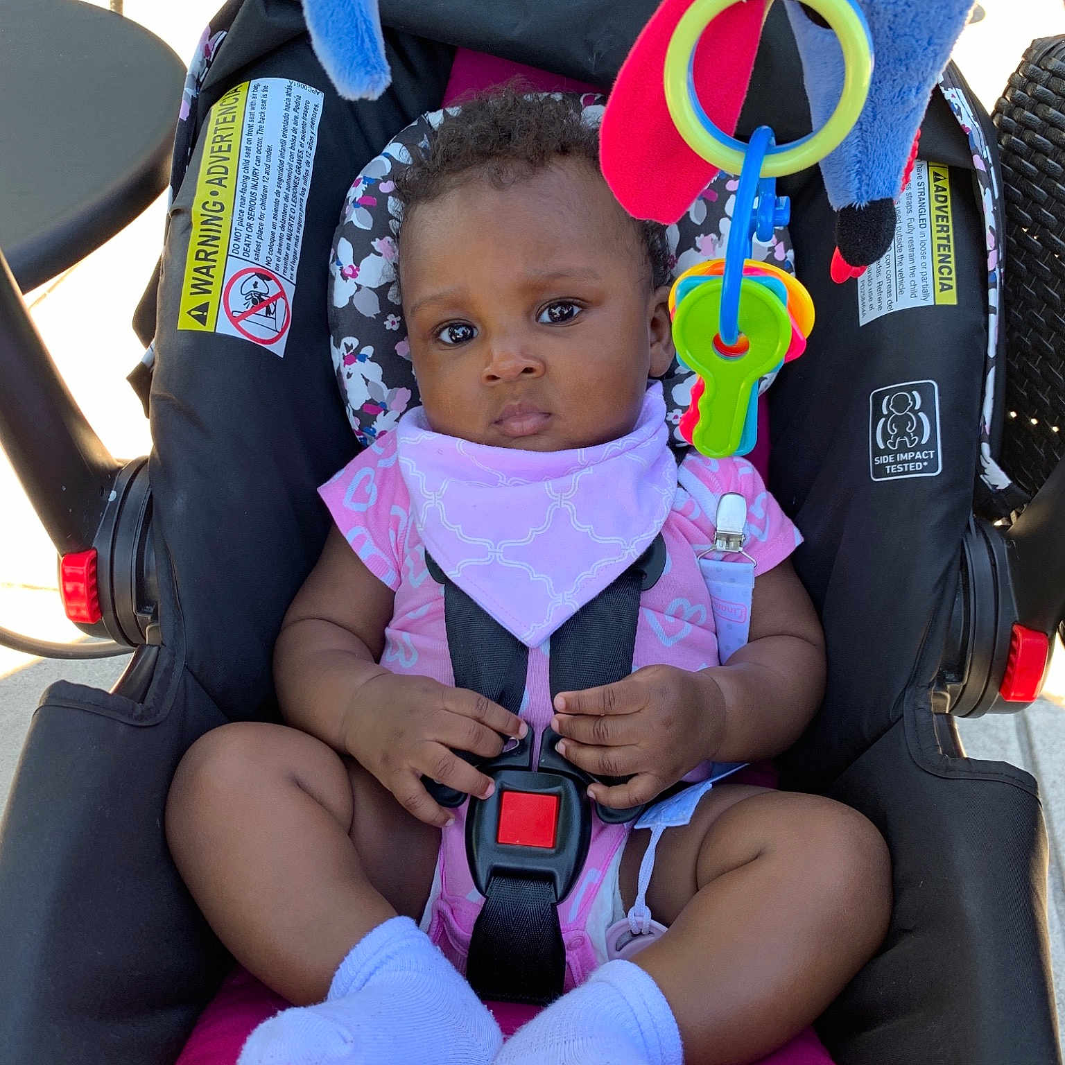 Zeniyah is registered to the contest to win money with this photo: auto_part, baby_carriage, baby_in_car_seat, baby_products, car_seat, car_seat_cover, child, person, pink, product, seat_belt, toddler