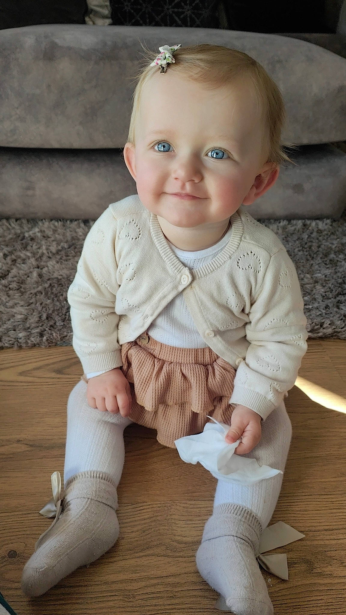 Parklyn joined the competition — help win amazing prizes! baby, baby_toddler_clothing, cheek, child, eye, face, flooring, hair, head, human_body, iris, joy, knee, lip, person, skin, sleeve, smile, thigh, toddler