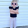 Everleigh joined the competition — help win amazing prizes! toddler, child, girl, sunglasses, pink, black_top, light_pants, slippers, hair, ponytails, smiling, outdoor, wall, concrete, posing, fashion, cute, standing, casual, daylight