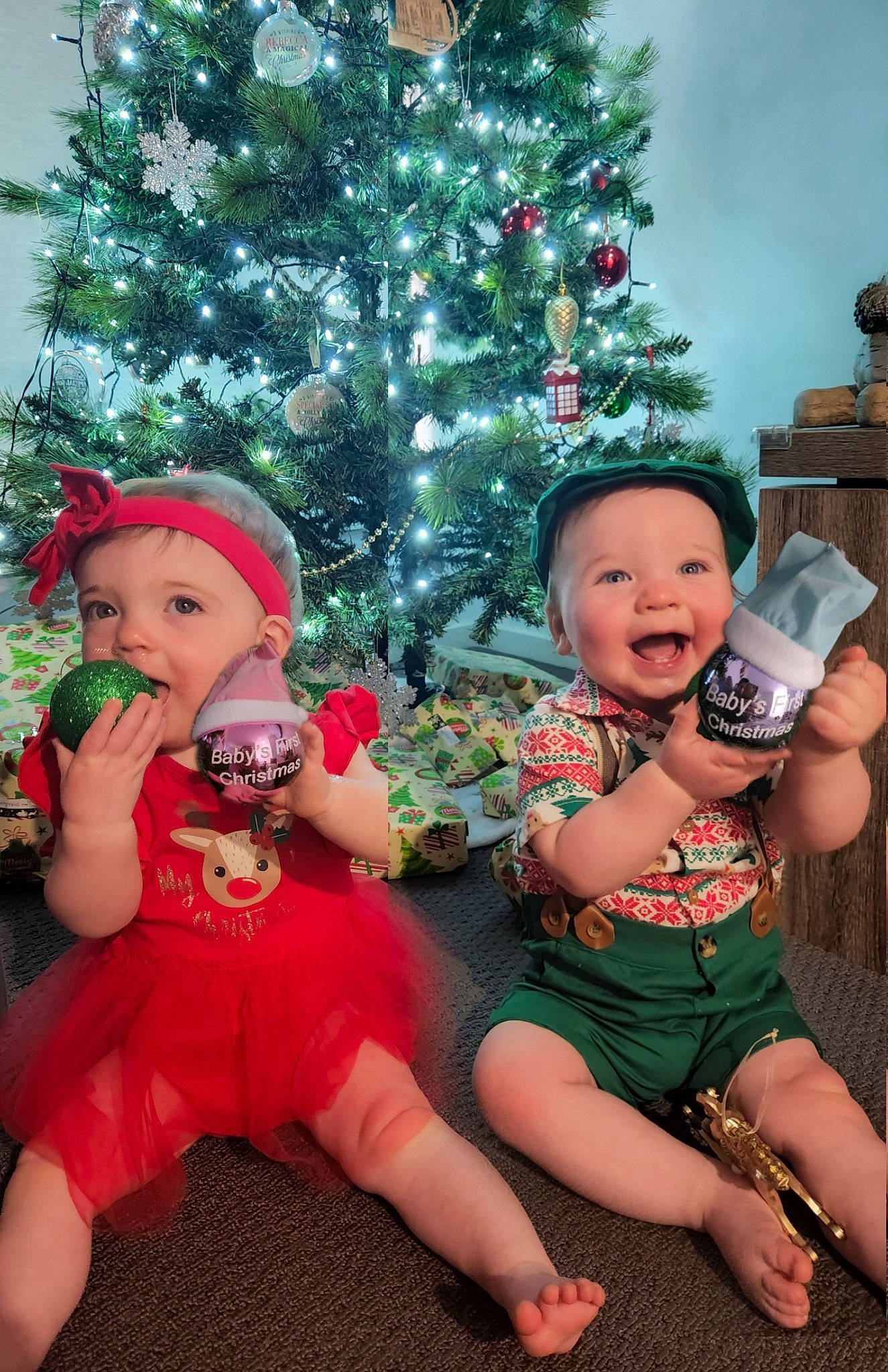 Chloe joined the competition — help win amazing prizes! baby, child, christmas, christmas_decoration, christmas_ornament, christmas_tree, event, fun, happy, headwear, holiday, holiday_ornament, human_body, lap, ornament, person, plant, skin, smile, thigh