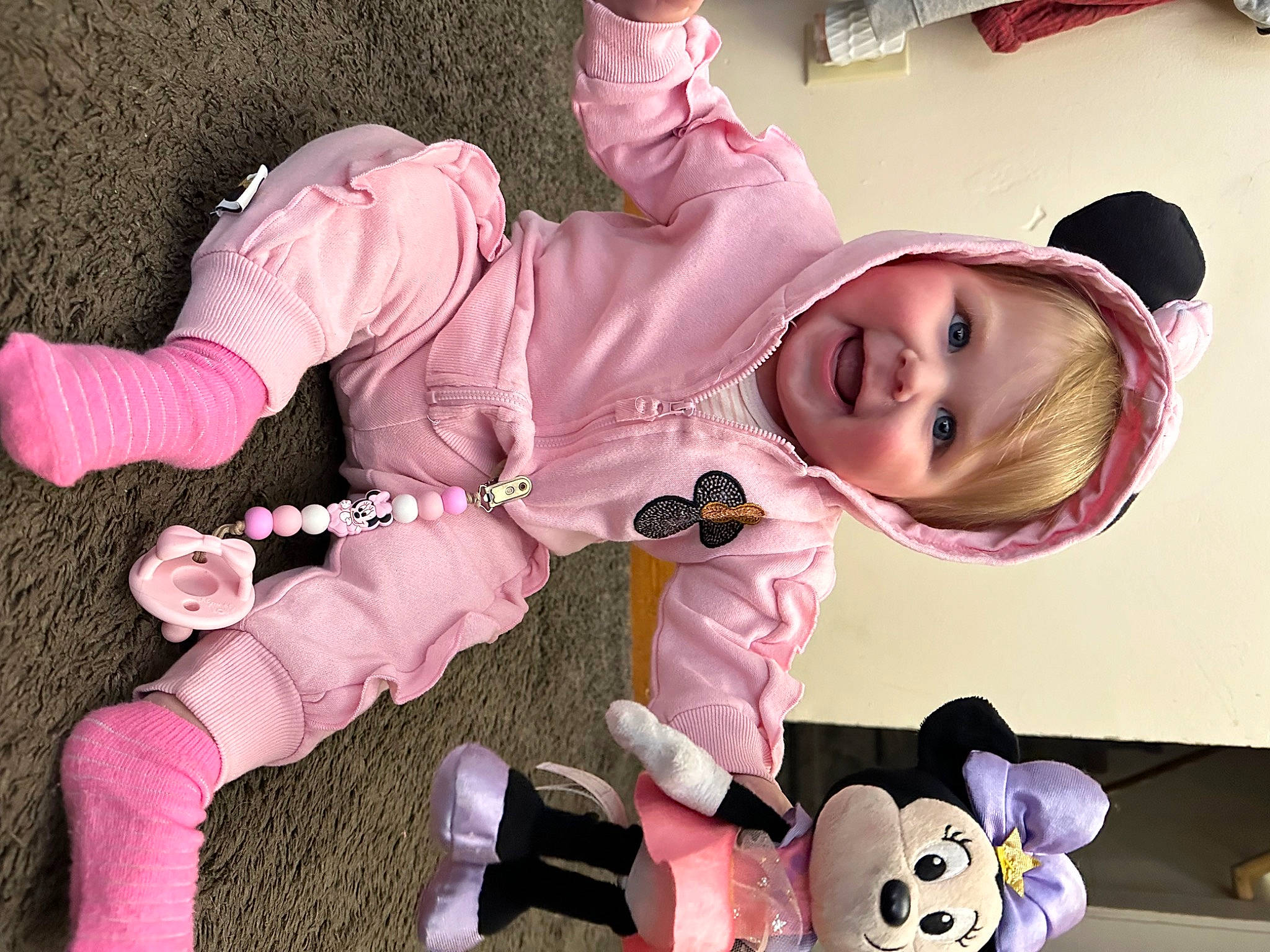 Clementine joined the competition — help win amazing prizes! baby, baby_toddler_clothing, child, costume, fun, happy, headgear, joy, magenta, mammal, person, pink, product, purple, sleeve, smile, stuffed_toy, teddy_bear, toddler, toy
