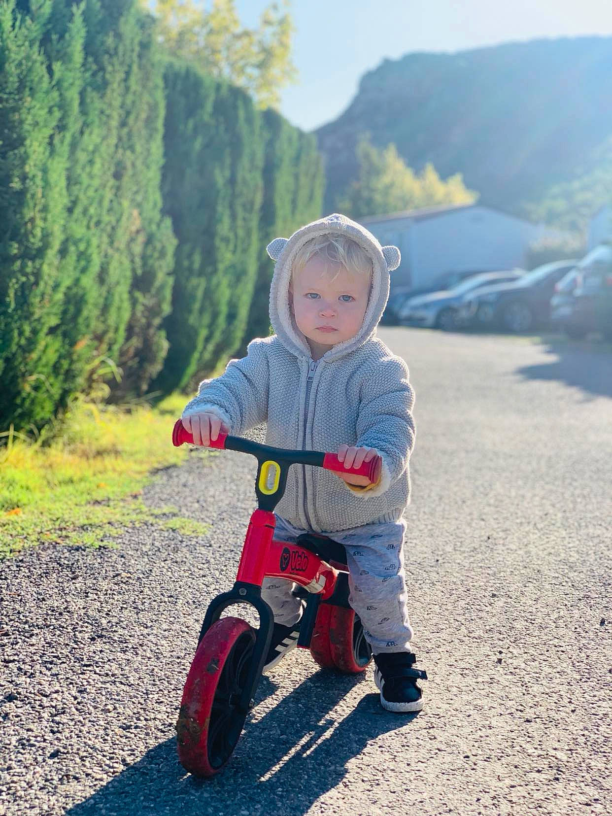 Maë participe au concours pour gagner de l'argent avec cette photo : baby_toddler_clothing, bicycle, bicycle_accessory, bicycle_frame, bicycle_tire, cycling, electric_blue, grass, happy, landscape, mountain, people_in_nature, person, recreation, riding_toy, rolling, sky, tire, toddler, tree