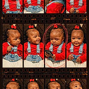 Zuri is registered to the contest to win money with this photo: baby, child, infant, portrait, collage, filmstrip, red_bow, red_sweater, denim_overalls, sitting, smiling, sleeping, curious, looking_away, holding_phone, indoor, close_up, fashion, cute, photography
