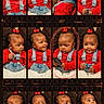 baby, child, infant, portrait, collage, filmstrip, red_bow, red_sweater, denim_overalls, sitting, smiling, sleeping, curious, looking_away, holding_phone, indoor, close_up, fashion, cute, photography