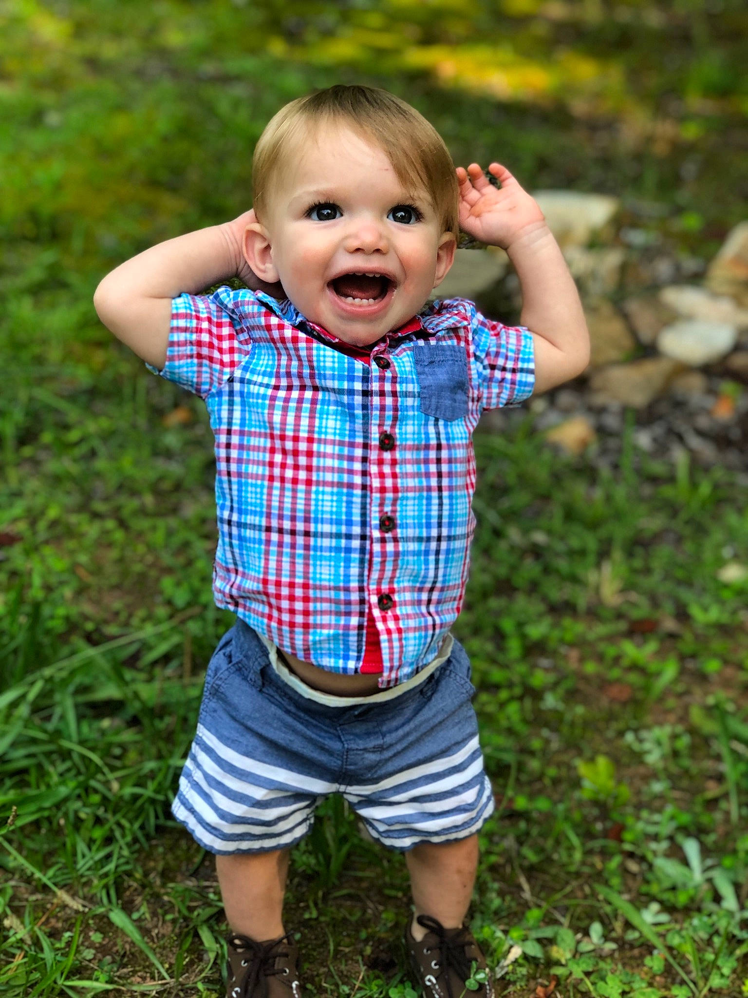 Camdyn is registered to the contest to win money with this photo: baby, baby_toddler_clothing, child, child_model, design, grass, pattern, people_in_nature, person, photography, plaid, plant, play, portrait_photography, sleeve, smile, tartan, textile, toddler