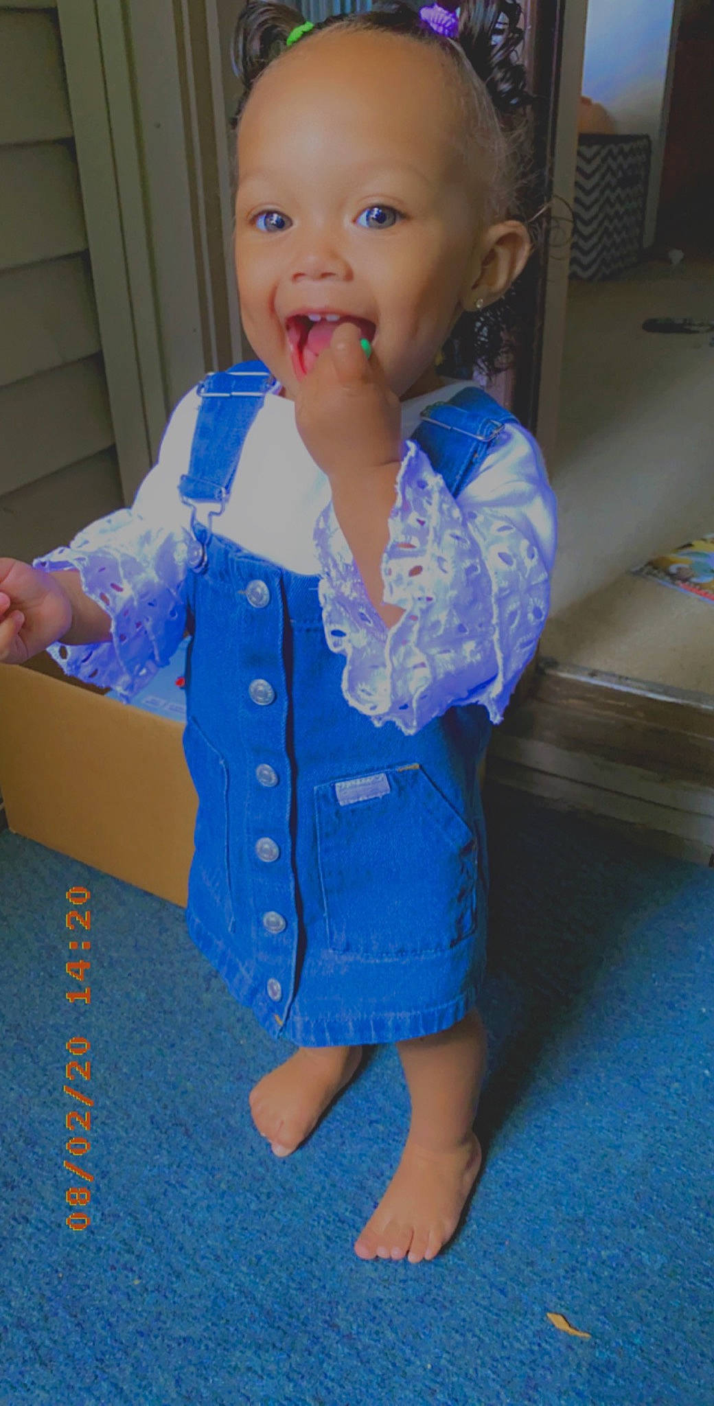 Jordyn is registered to the contest to win money with this photo: baby, baby_toddler_clothing, barefoot, carpet, floor, flooring, human_body, overall, person, toddler, tooth