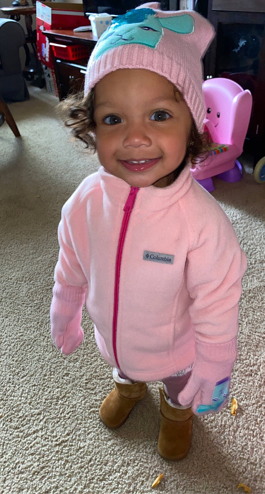 Jordyn joined the competition — help win amazing prizes! baby, baby_laughing, baby_toddler_clothing, beanie, bonnet, chair, cheek, child, child_model, eye, happy, headwear, hood, joy, knit_cap, laugh, mouth, nose, person, pink