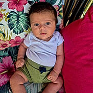 Luis participe au concours pour gagner de l'argent avec cette photo : baby, infant, child, cushion, floral_pattern, white_clothing, green_shorts, pink_pillow, indoor, seated, cute, curious_expression, skin, head, legs, arms, person, portrait, comfortable, soft_lighting