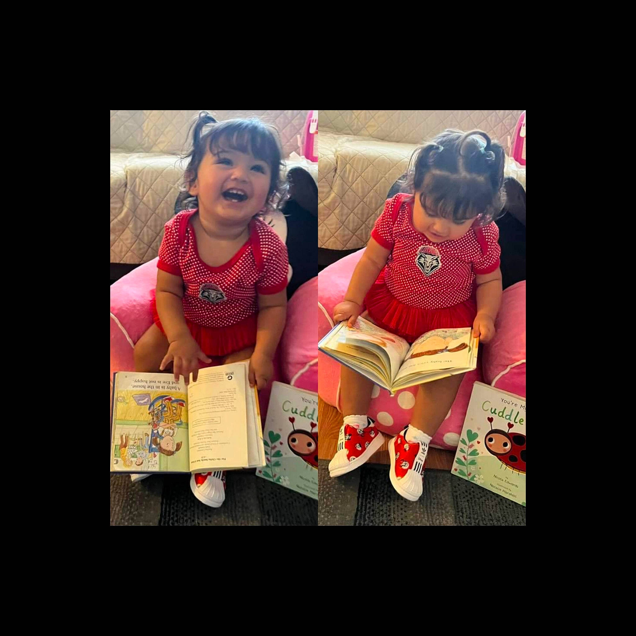 Armani Rose Sanchez is registered to the contest to win money with this photo: carmine, child, cool, event, eyewear, fashion_accessory, fashion_design, fictional_character, font, fun, happy, magenta, pattern, person, photo_caption, sitting, sleeve, t_shirt, team, thigh