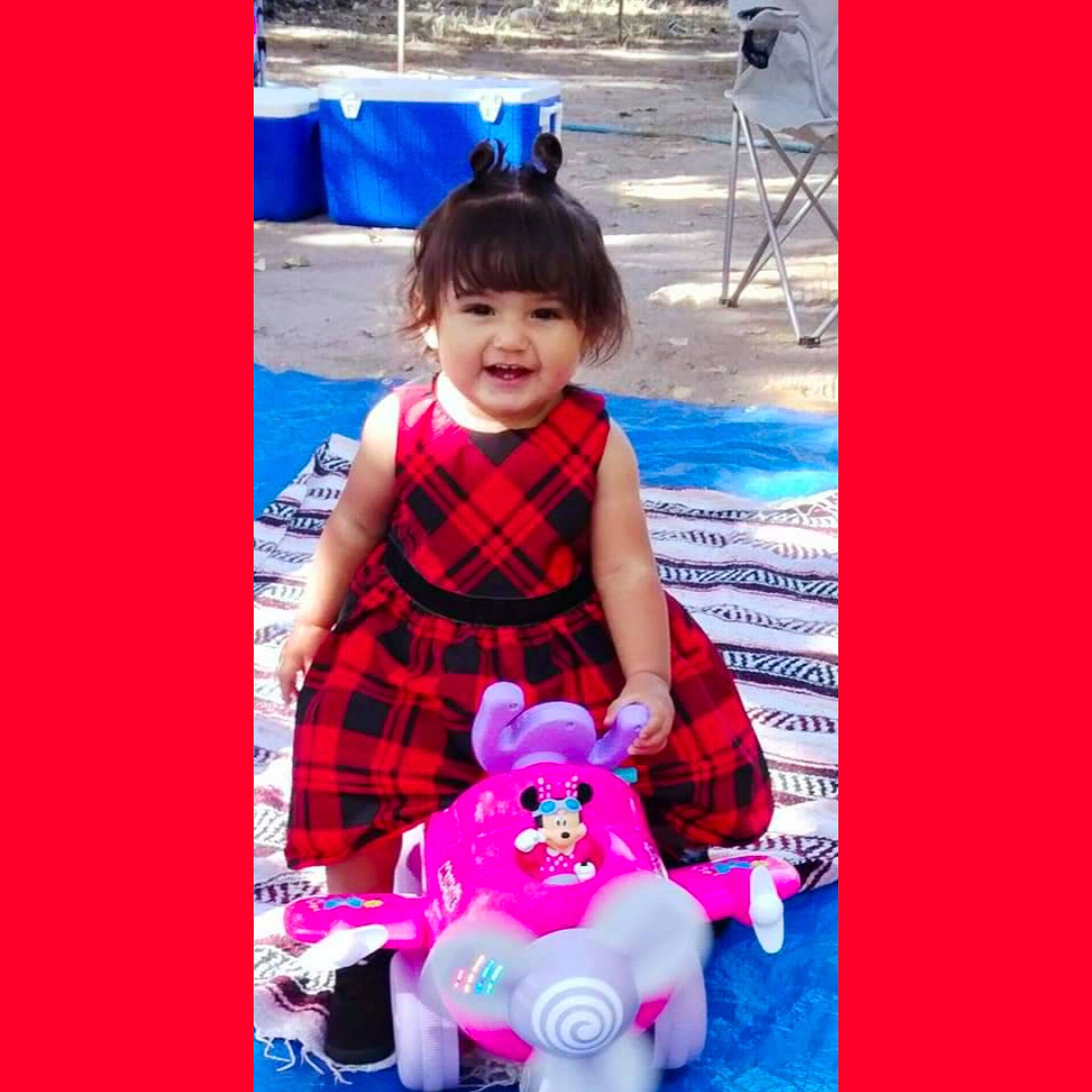Armani Rose Sanchez is registered to the contest to win money with this photo: baby, baby_toddler_clothing, blue, child, cool, electric_blue, fun, happy, joy, magenta, pattern, person, pink, purple, red, riding_toy, sleeve, smile, toddler, toy