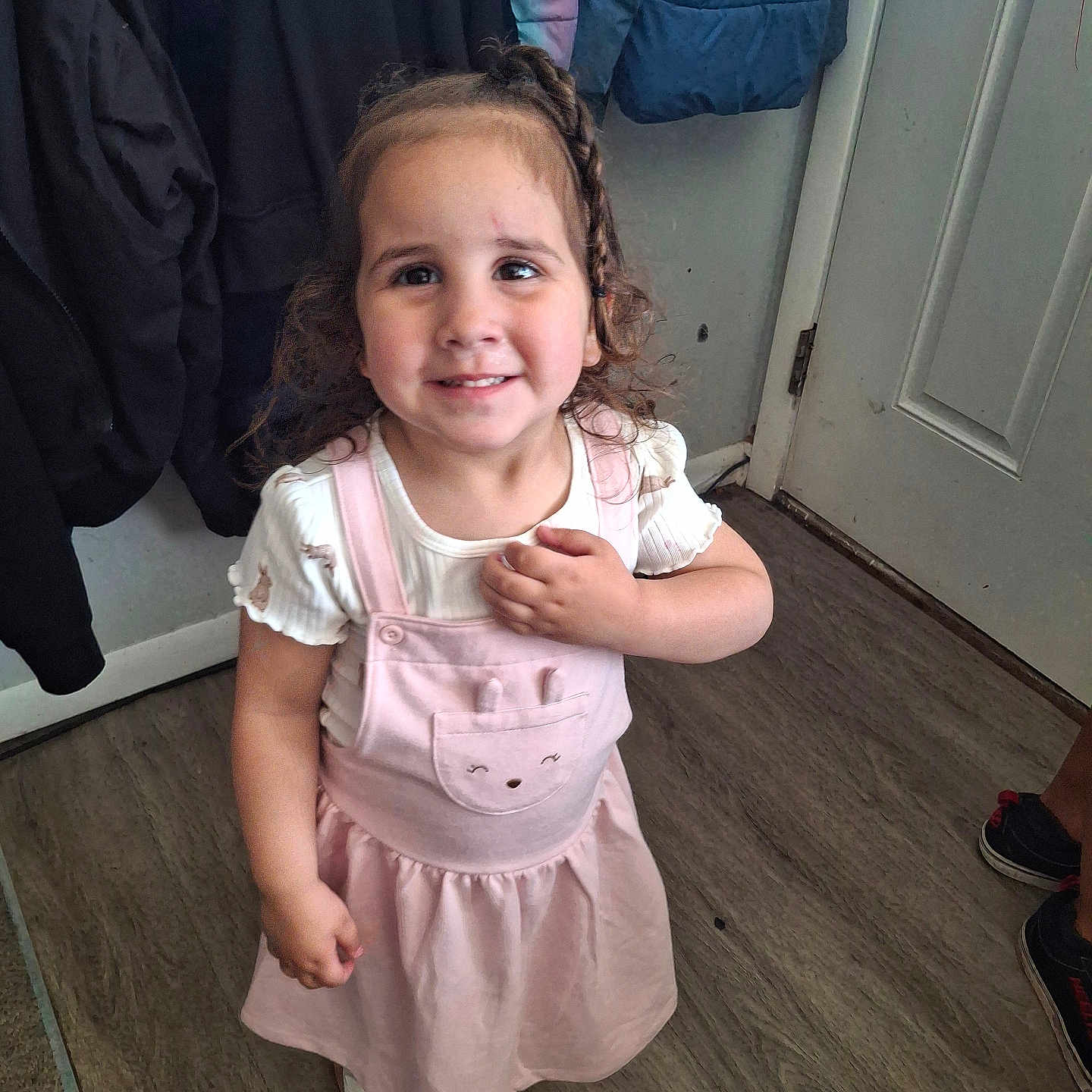 Nevaeh joined the competition — help win amazing prizes! bodypart, child, clothing, door, dress, face, female, finger, footwear, girl, hand, hardwood, head, person, photography, portrait, sandal, shoe, skirt, wood