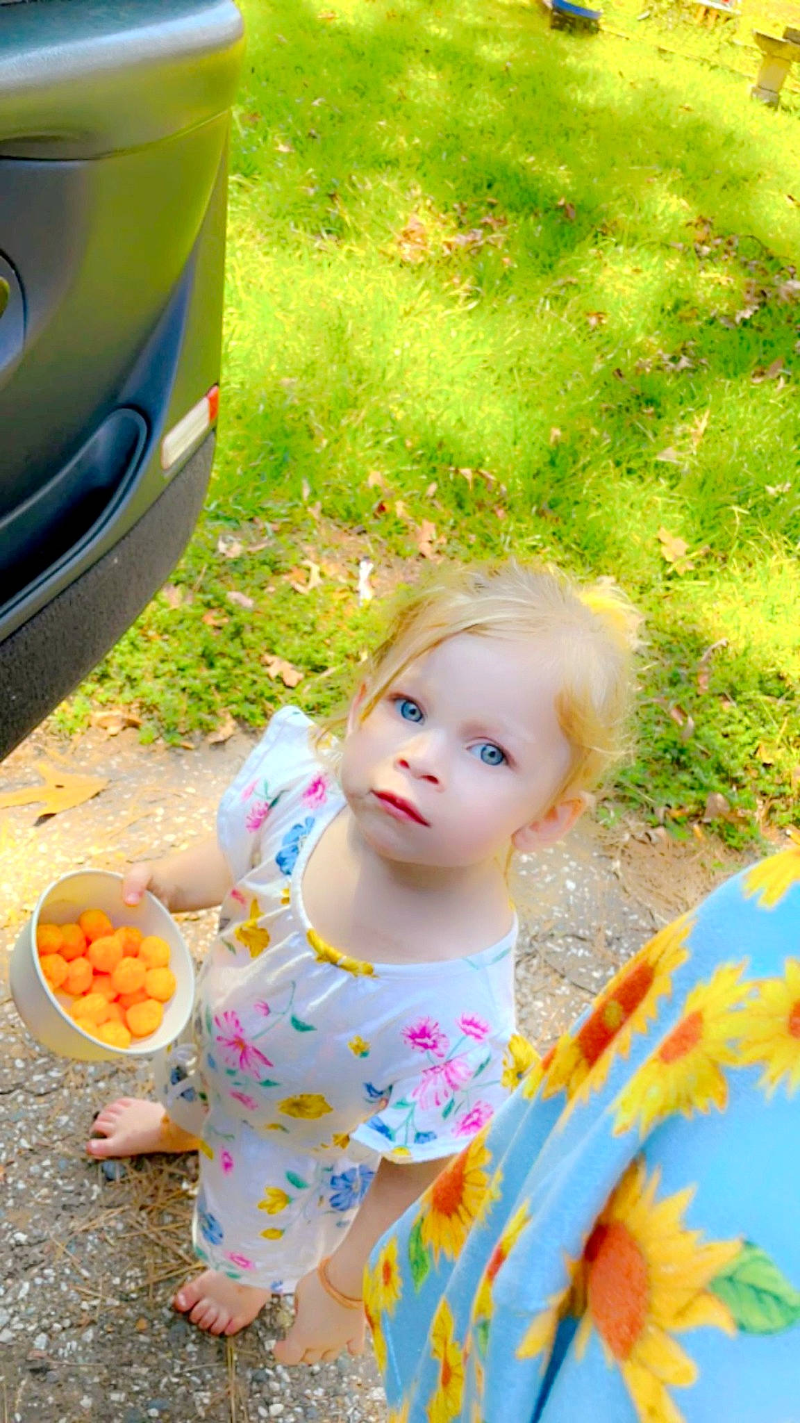Maddie joined the competition — help win amazing prizes! asphalt, automotive_exterior, automotive_lighting, baby_toddler_clothing, bumper, child, doll, family_car, fun, grass, green, leaf, leisure, orange, people_in_nature, person, photograph, toddler, toy, vehicle_door